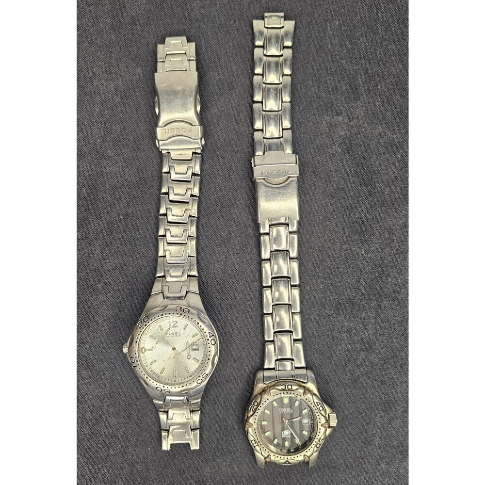 Lot of 2 FOSSIL Men's WristWATCHES 100 Meters Blue Date Stainless Steel As Is